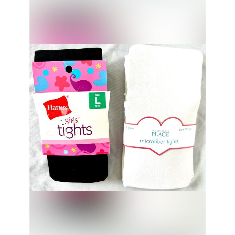 Hanes Girls Black Size L & Children’s Place White Microfiber 12/14 Tights NWT